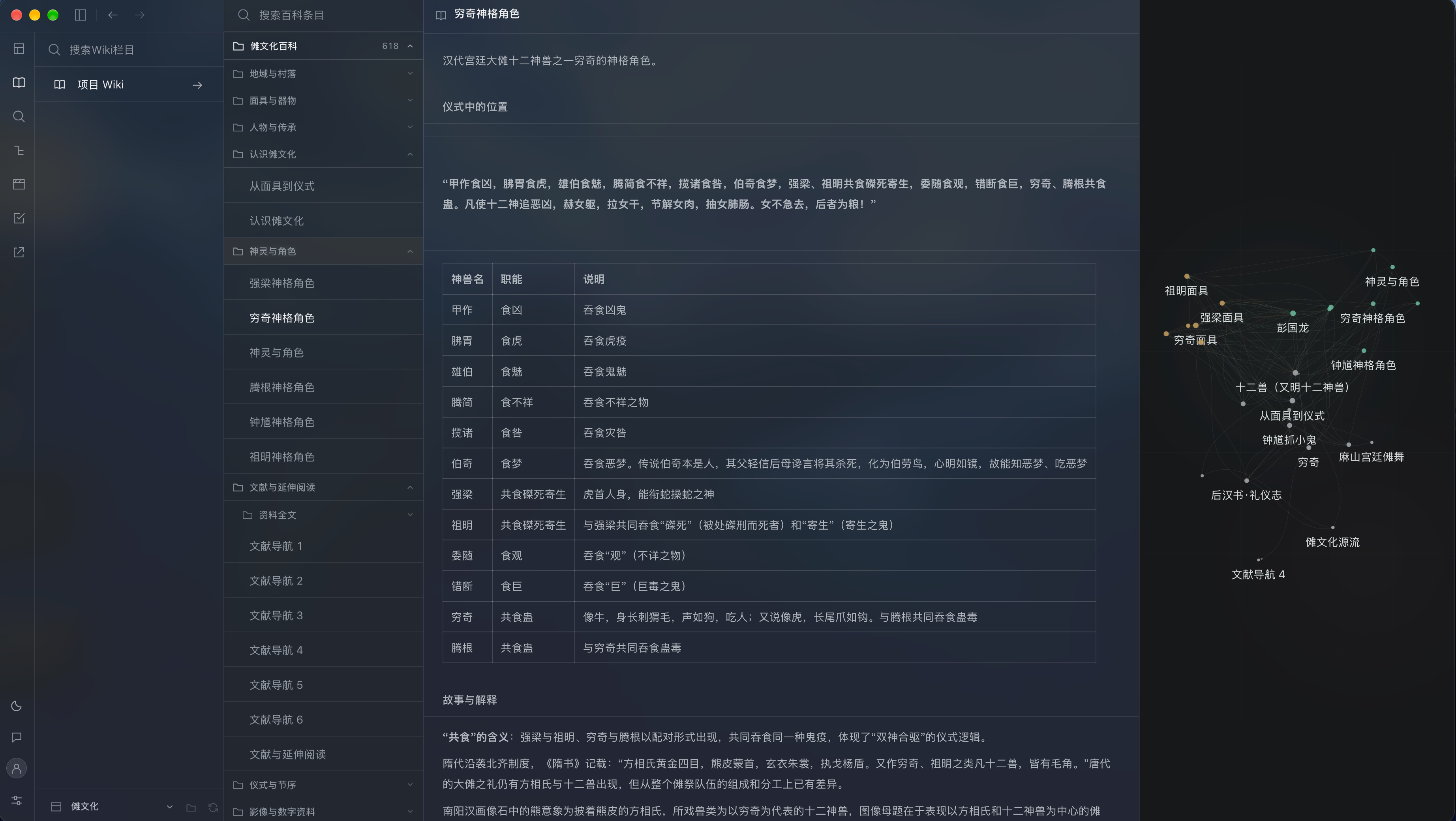 Encyclopedia interface: Qiongqi entry, historical text, role table and knowledge graph